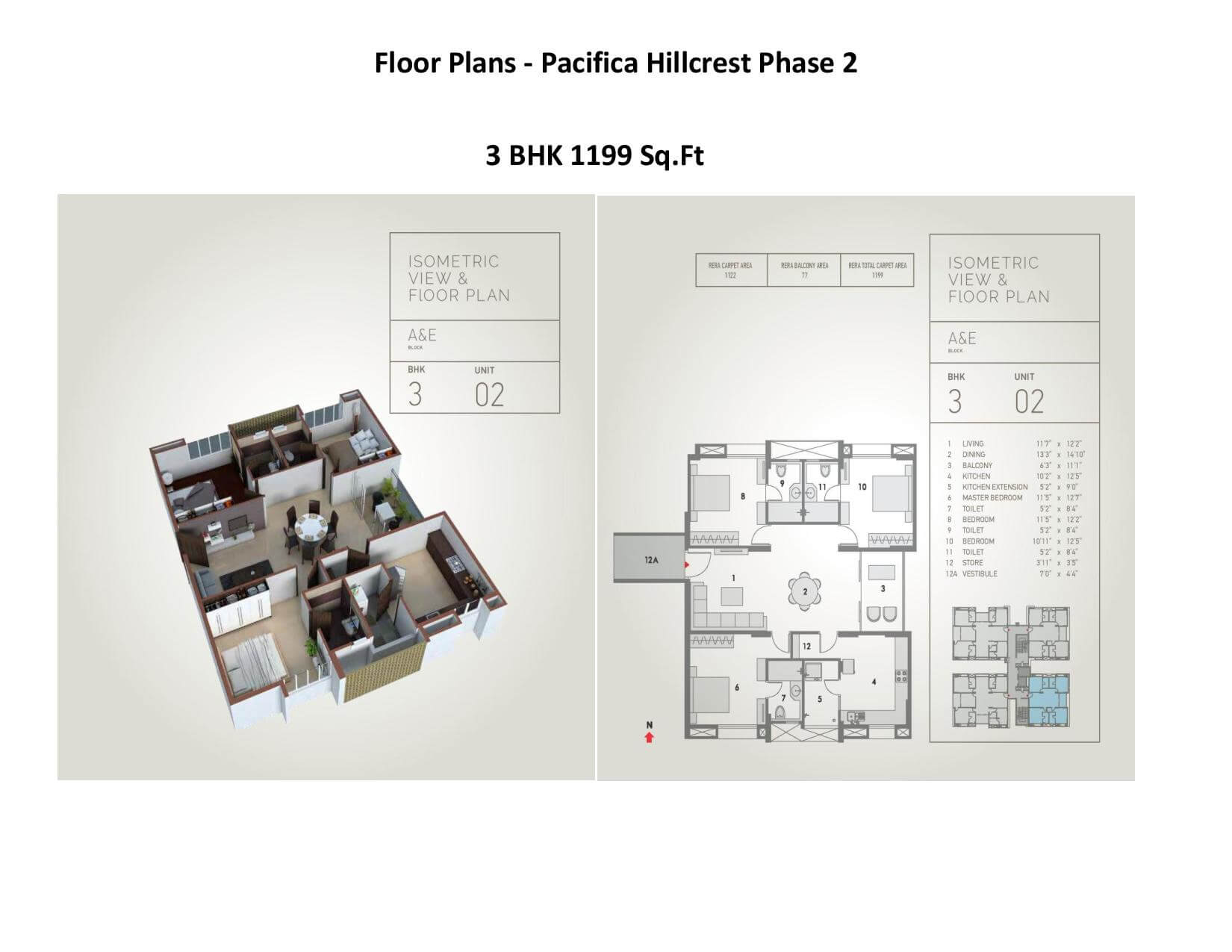 Floor plan of 3 BHK 1199 Sq. Ft. Apartment in Pacifica Hillcrest Phase 2, Hyderabad
