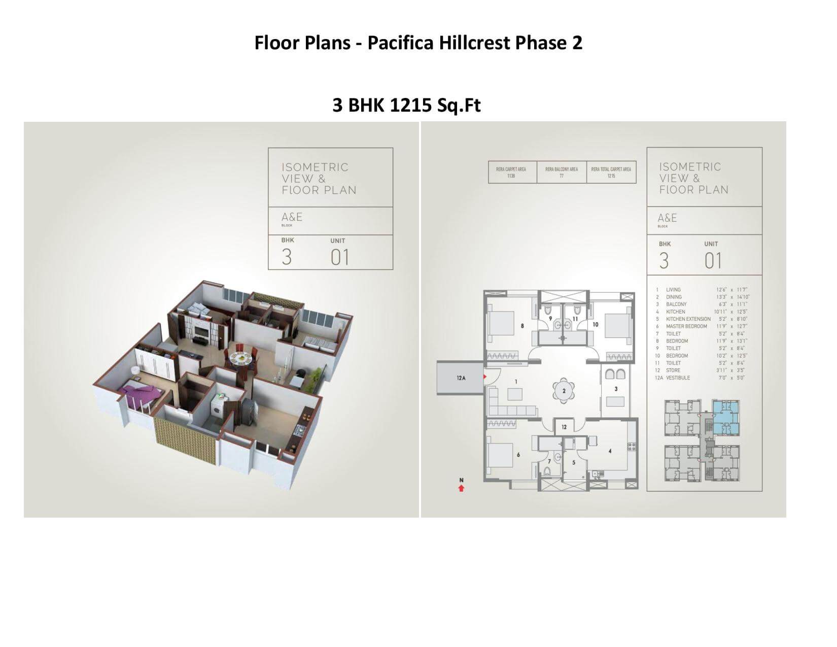 Floor plan of 3 BHK 1215 Sq. Ft. Apartment in Pacifica Hillcrest Phase 2, Hyderabad