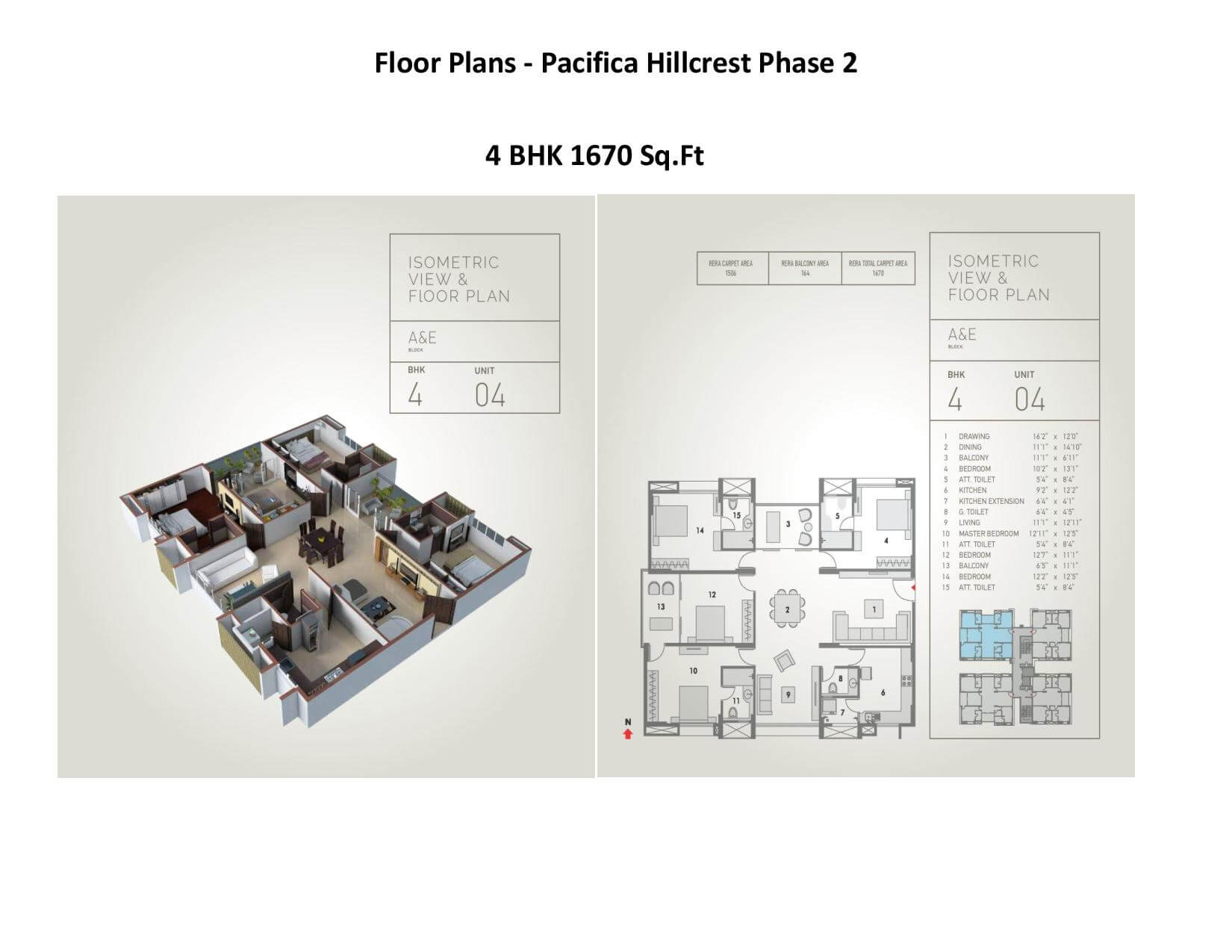 Floor plan of 4 BHK 1670 Sq. Ft. Apartment in Pacifica Hillcrest Phase 2, Hyderabad