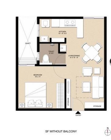Floor plan of 1 BHK 565 Sq. Ft. Apartment in Pacifica  Nebula Aavaas, Hyderabad