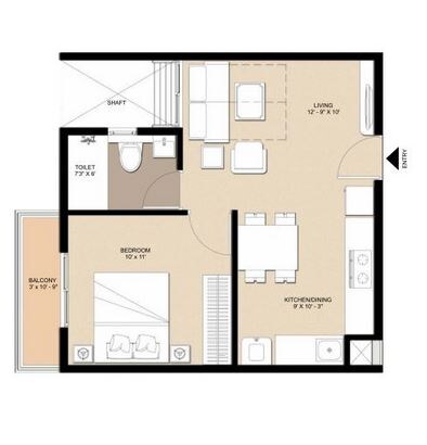 Floor plan of 1 BHK 607 Sq. Ft. Apartment in Pacifica  Nebula Aavaas, Hyderabad