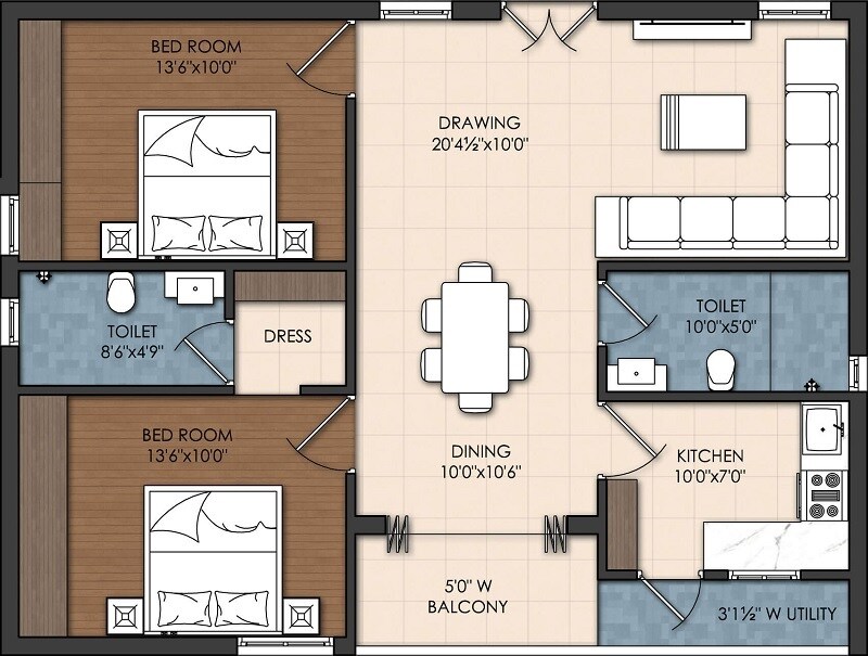 Floor plan of 2 BHK 1205 Sq. Ft. Apartment in Pagadala Amra, Hyderabad