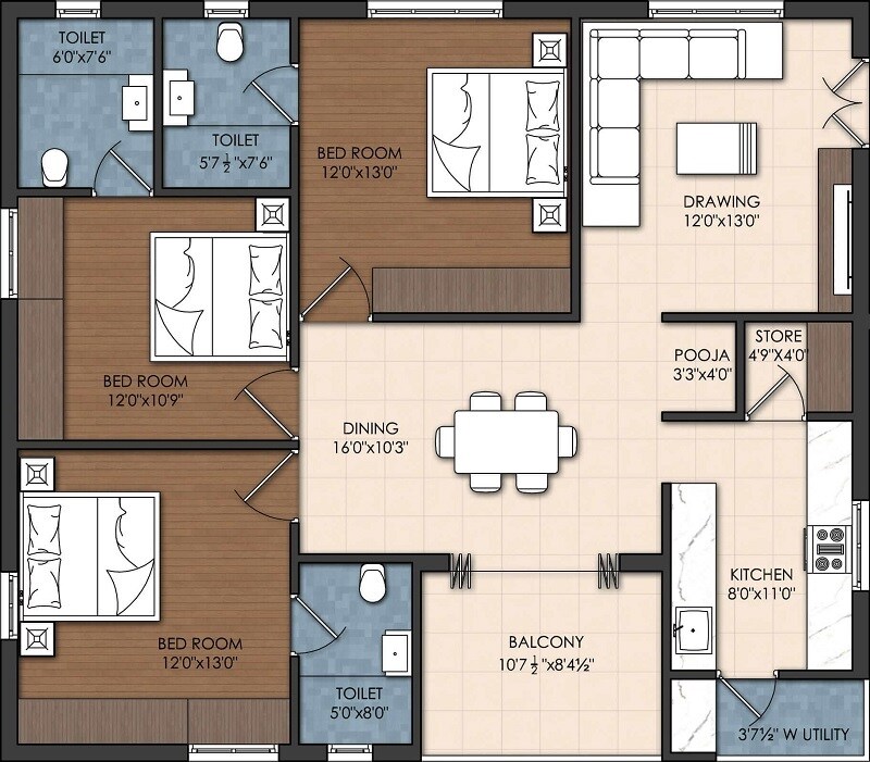 Floor plan of 3 BHK 1600 Sq. Ft. Apartment in Pagadala Amra, Hyderabad