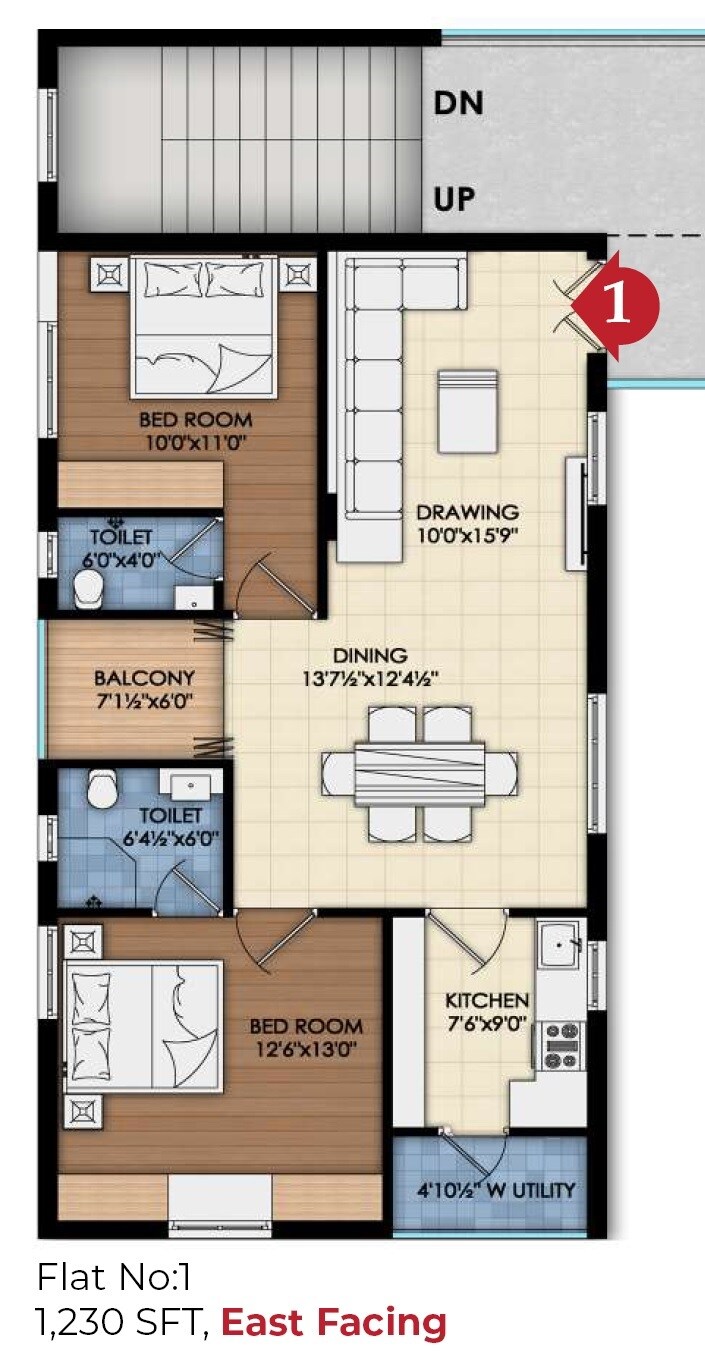 Floor plan of 2 BHK 1230 Sq. Ft. Apartment in Pagadala Arya, Hyderabad