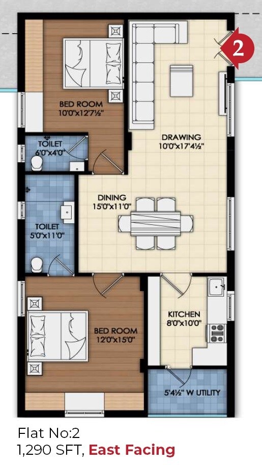 Floor plan of 2 BHK 1290 Sq. Ft. Apartment in Pagadala Arya, Hyderabad