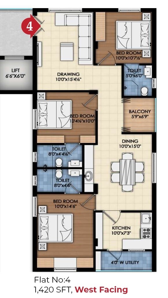 Floor plan of 3 BHK 1420 Sq. Ft. Apartment in Pagadala Arya, Hyderabad