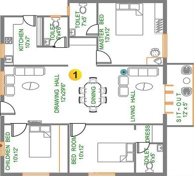 Floor plan of 3 BHK 1636 Sq. Ft. Apartment in Pallavi Aashray, Hyderabad
