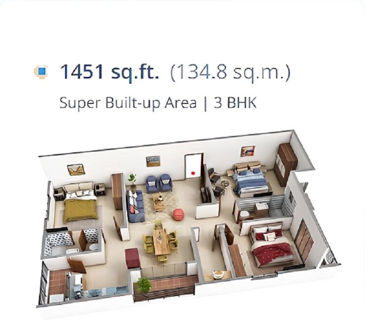 Floor plan of 3 BHK 1451 Sq. Ft. Apartment in Pallavi Gardenia, Hyderabad