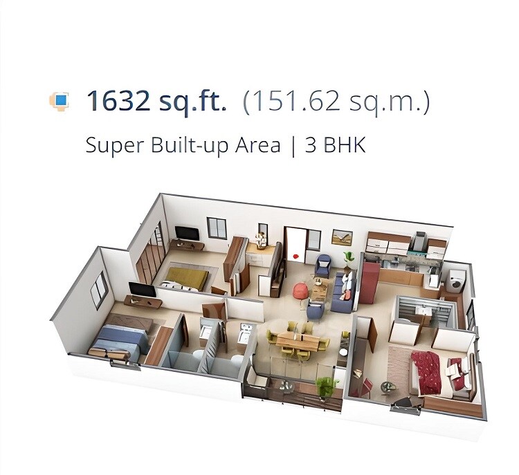 Floor plan of 3 BHK 1632 Sq. Ft. Apartment in Pallavi Gardenia, Hyderabad