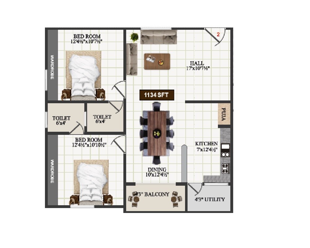 Floor plan of 2 BHK 1134 Sq. Ft. Apartment in Param Navya Anmol, Hyderabad