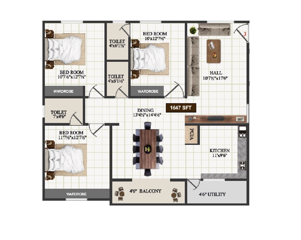 Floor plan of 3 BHK 1647 Sq. Ft. Apartment in Param Navya Anmol, Hyderabad