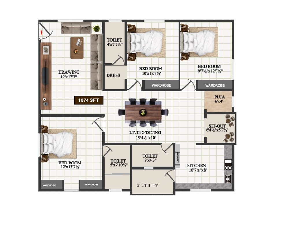 Floor plan of 3 BHK 1674 Sq. Ft. Apartment in Param Navya Anmol, Hyderabad