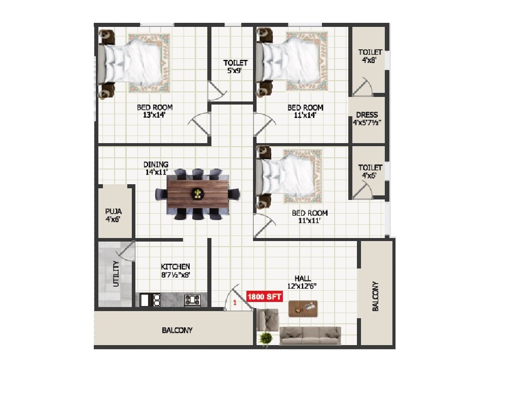 Floor plan of 3 BHK 1800 Sq. Ft. Apartment in Param Navya Jayaram Pride, Hyderabad