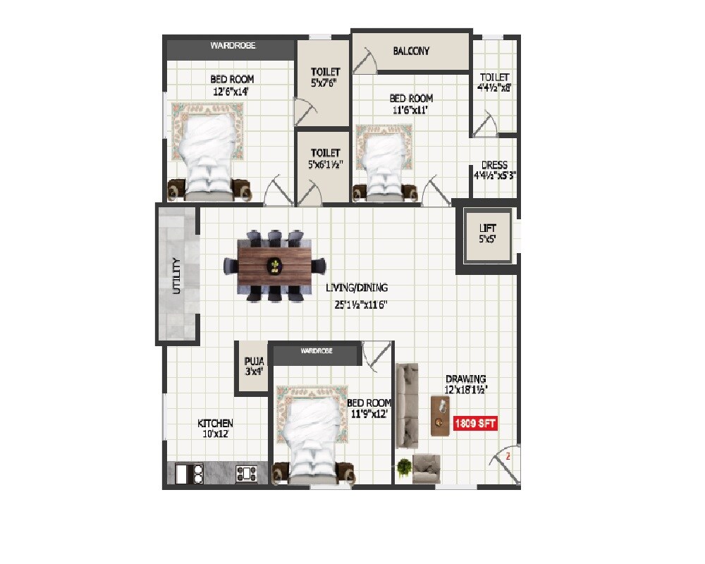 Floor plan of 3 BHK 1809 Sq. Ft. Apartment in Param Navya Jayaram Pride, Hyderabad
