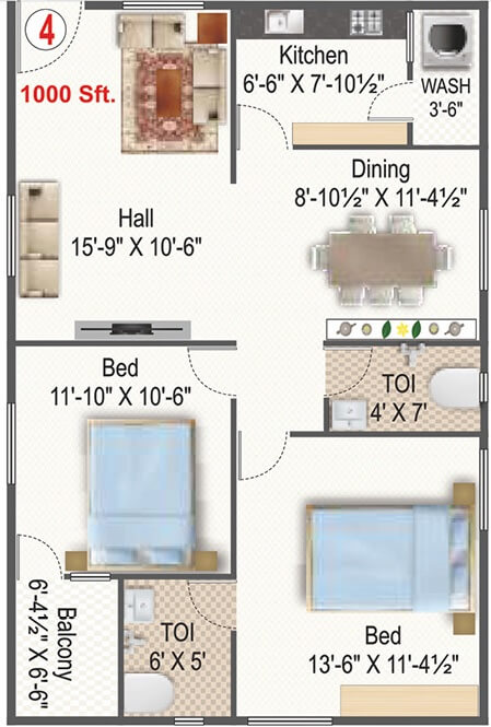 Floor plan of 2 BHK 1000 Sq. Ft. Apartment in Parijatha Pride, Hyderabad