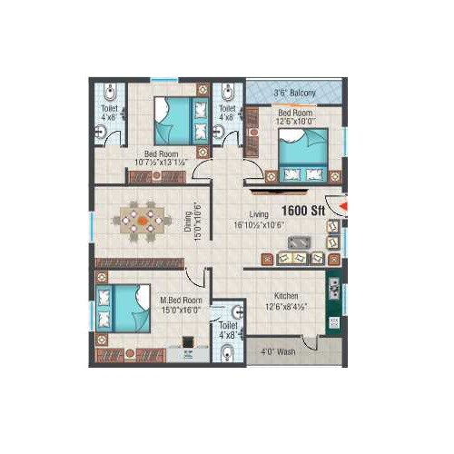 Floor plan of 3 BHK 1600 Sq. Ft. Apartment in Parijatha Pride, Hyderabad