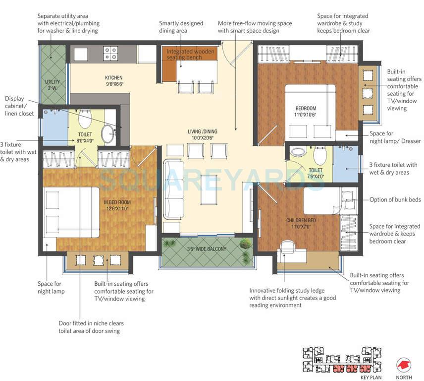 Floor plan of 3 BHK 1120 Sq. Ft. Apartment in Patel Smondo, Hyderabad