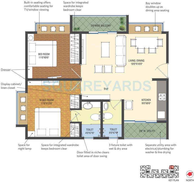 Floor plan of 2 BHK 990 Sq. Ft. Apartment in Patel Smondo, Hyderabad