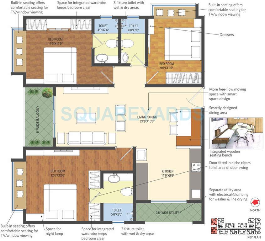 Floor plan of 3 BHK 1400 Sq. Ft. Apartment in Patel Smondo, Hyderabad