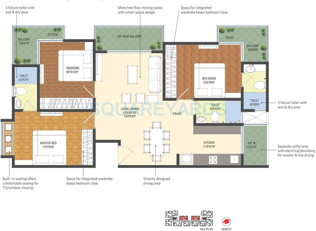 Floor plan of 3 BHK 1435 Sq. Ft. Apartment in Patel Smondo, Hyderabad