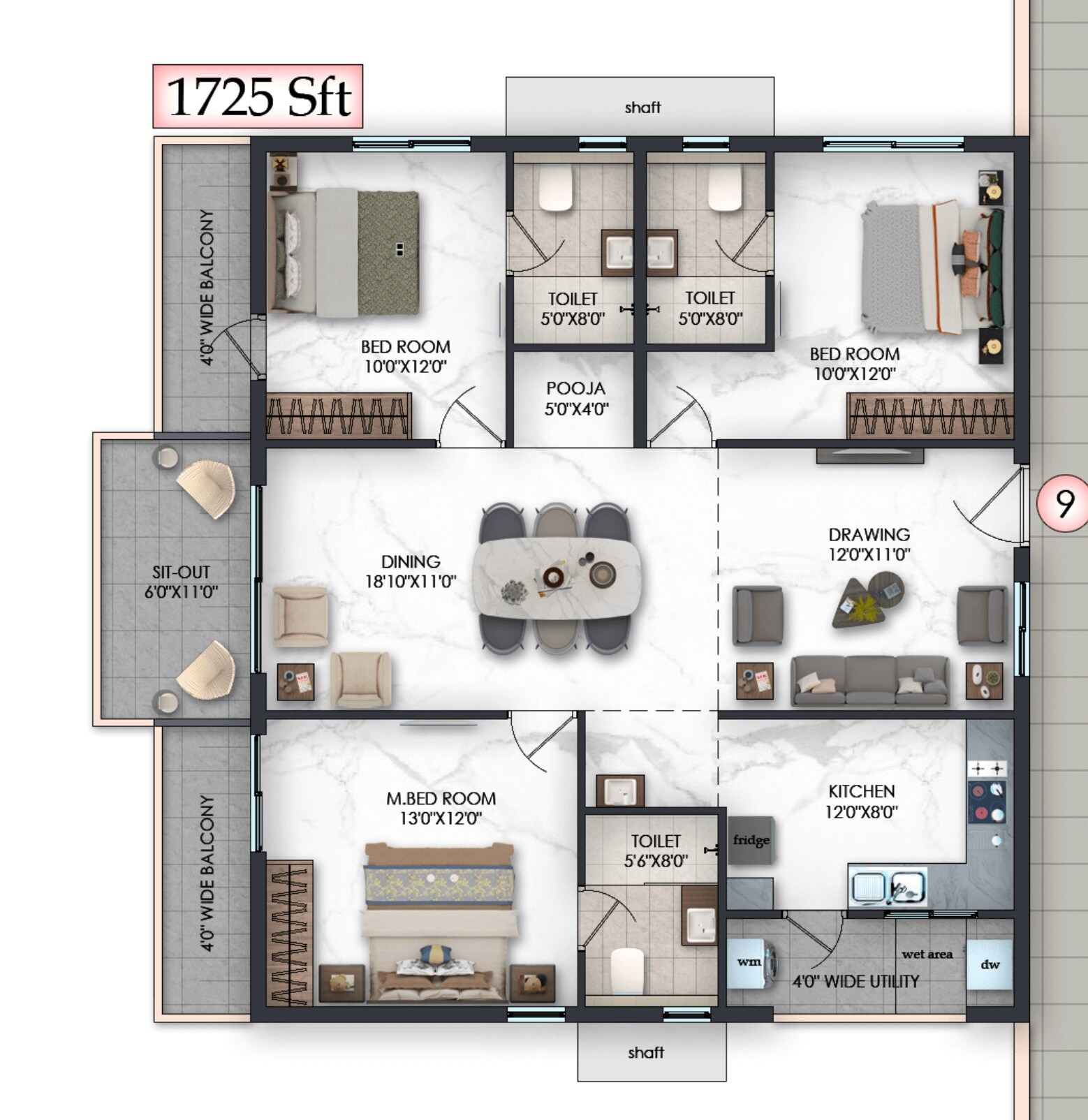 Floor plan of 3 BHK 1725 Sq. Ft. Apartment in Pavani Felicity, Hyderabad