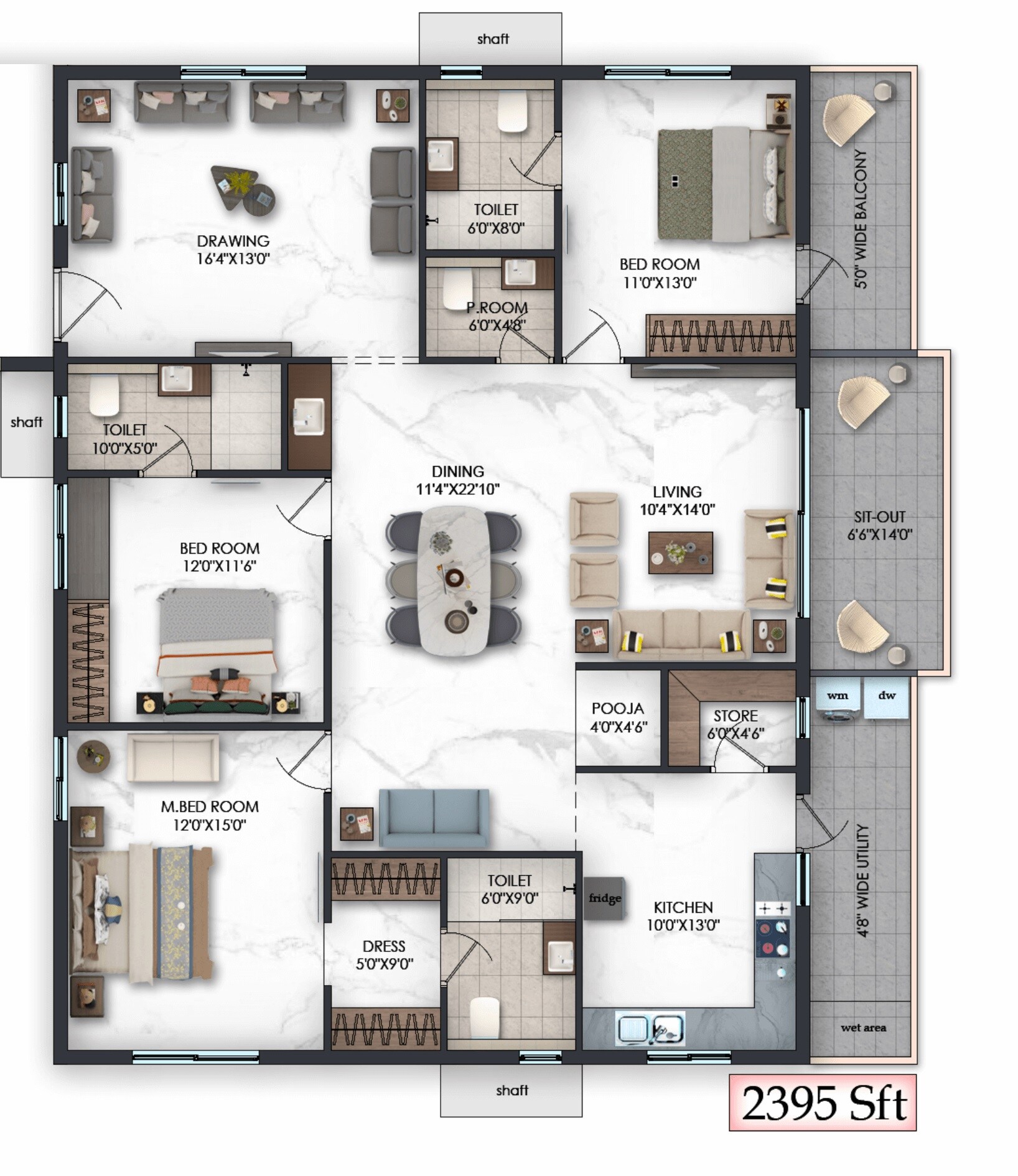Floor plan of 3 BHK 2395 Sq. Ft. Apartment in Pavani Felicity, Hyderabad