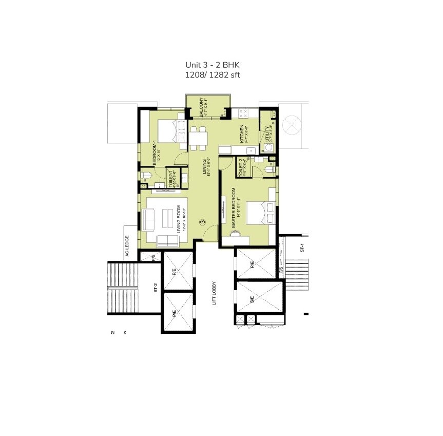 Floor plan of 2 BHK 1208 Sq. Ft. Apartment in Pbel City Tower L Opal, Hyderabad