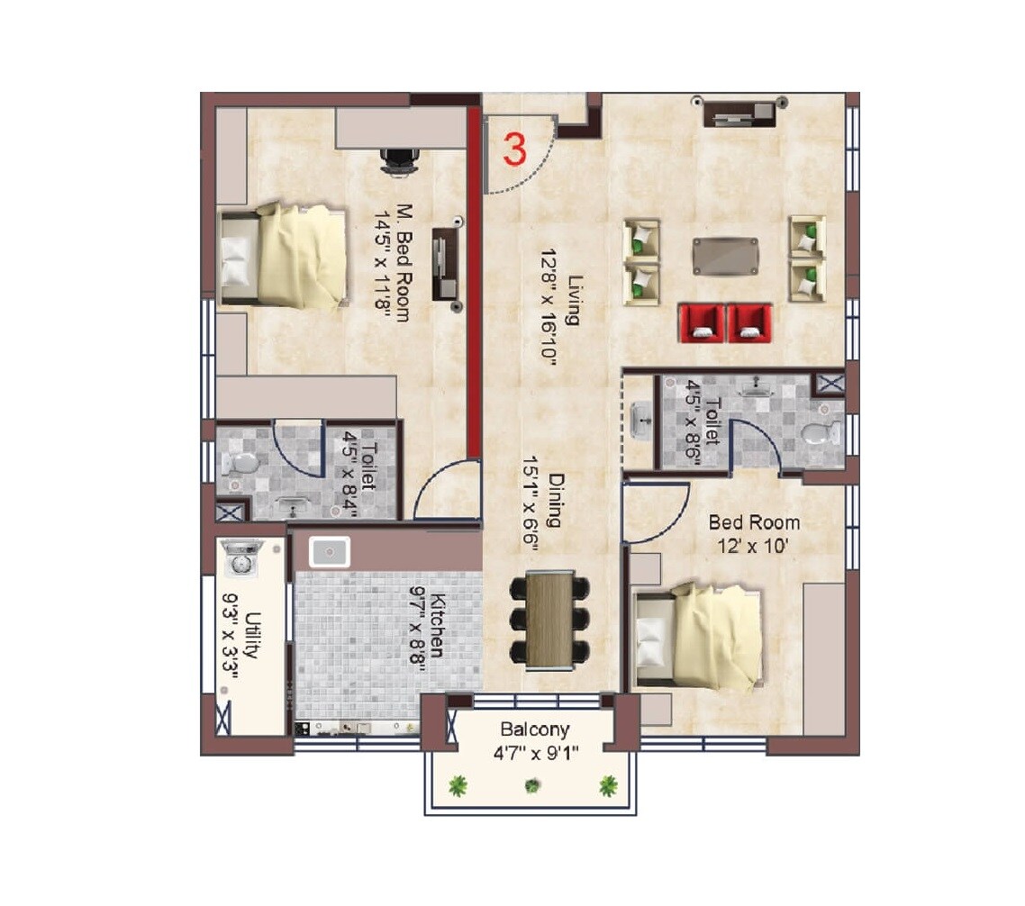 Floor plan of 2 BHK 1562 Sq. Ft. Apartment in Pbel City Tower L Opal, Hyderabad