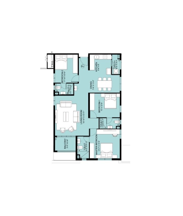 Floor plan of 3 BHK 1568 Sq. Ft. Apartment in Pbel City Tower L Opal, Hyderabad