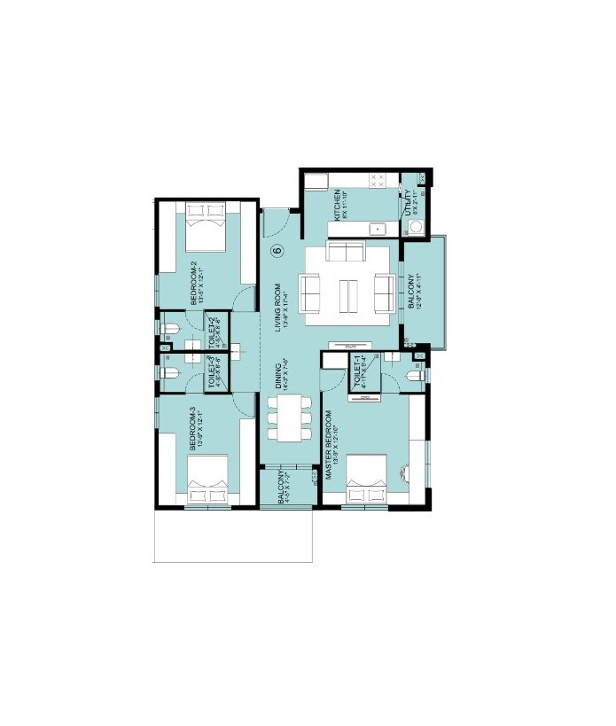 Floor plan of 3 BHK 1978 Sq. Ft. Apartment in Pbel City Tower L Opal, Hyderabad