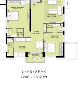 Floor plan of 2 BHK 1208 Sq. Ft. Apartment in PBEL City Tower N Ruby, Hyderabad