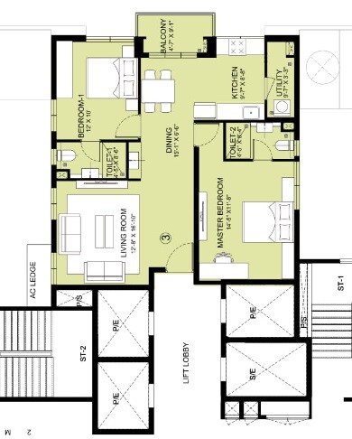 Floor plan of 2 BHK 1562 Sq. Ft. Apartment in PBEL City Tower N Ruby, Hyderabad