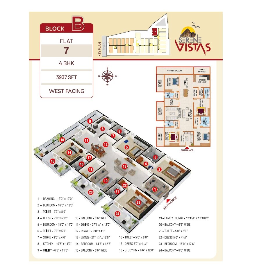 Floor plan of 4 BHK 3937 Sq. Ft. Apartment in Peers Serene Vistas, Hyderabad