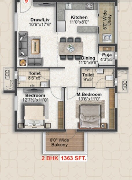 Floor plan of 2 BHK 1363 Sq. Ft. Apartment in PGR Elira, Hyderabad