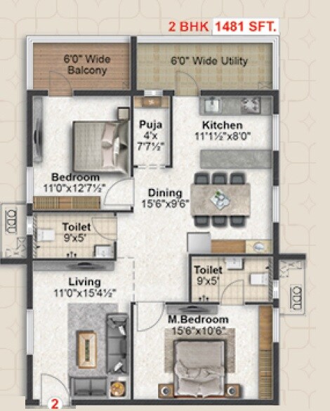 Floor plan of 2 BHK 1481 Sq. Ft. Apartment in PGR Elira, Hyderabad