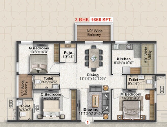 Floor plan of 3 BHK 1668 Sq. Ft. Apartment in PGR Elira, Hyderabad