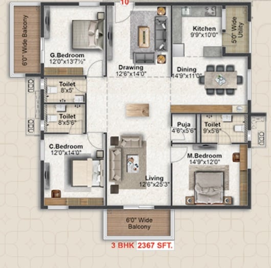 Floor plan of 3 BHK 2367 Sq. Ft. Apartment in PGR Elira, Hyderabad