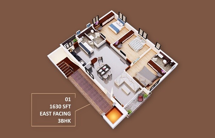 Floor plan of 3 BHK 1630 Sq. Ft. Apartment in Pinnacle Isha Enclave, Hyderabad