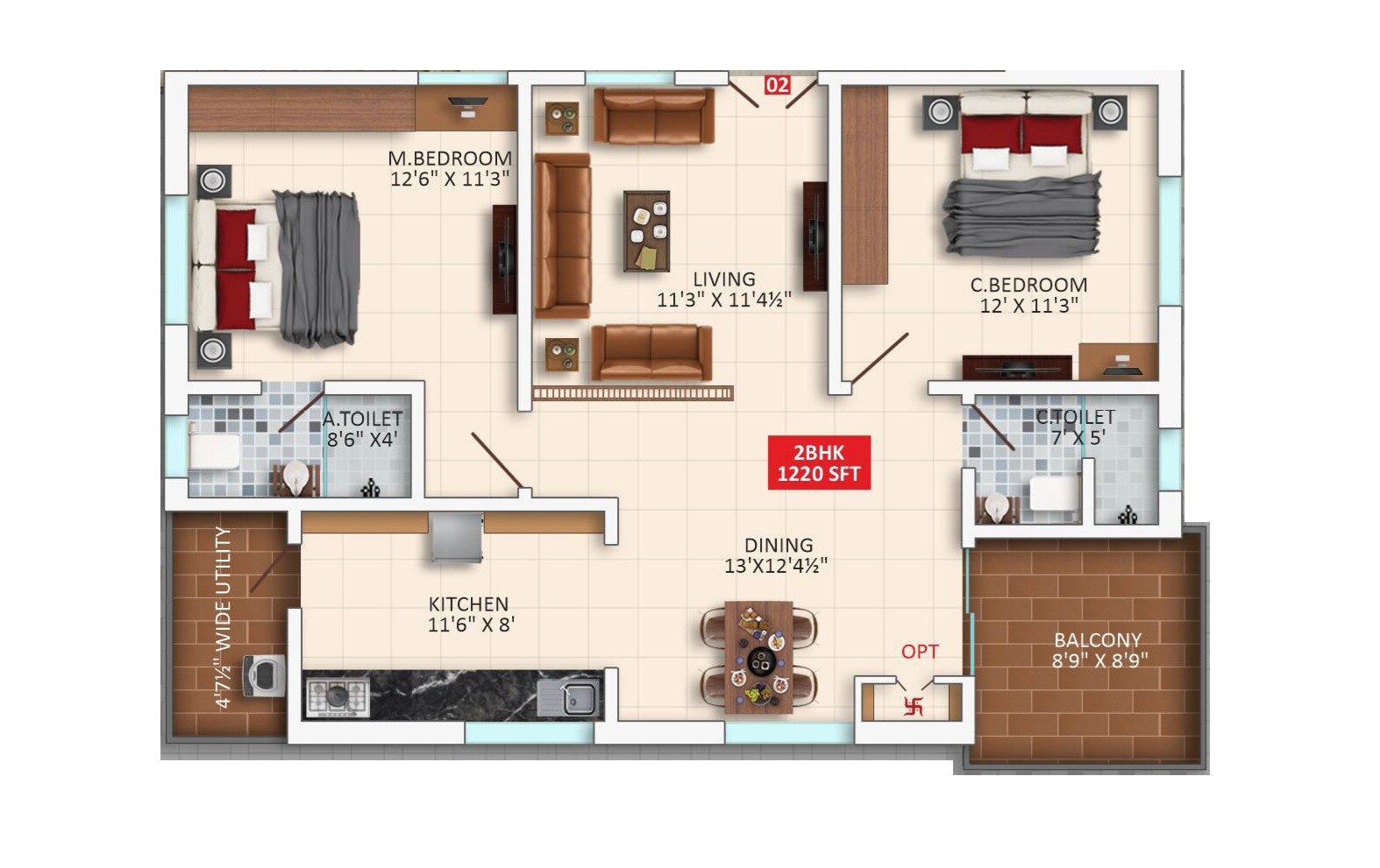 2 BHK 1220 Sq. Ft. Apartment