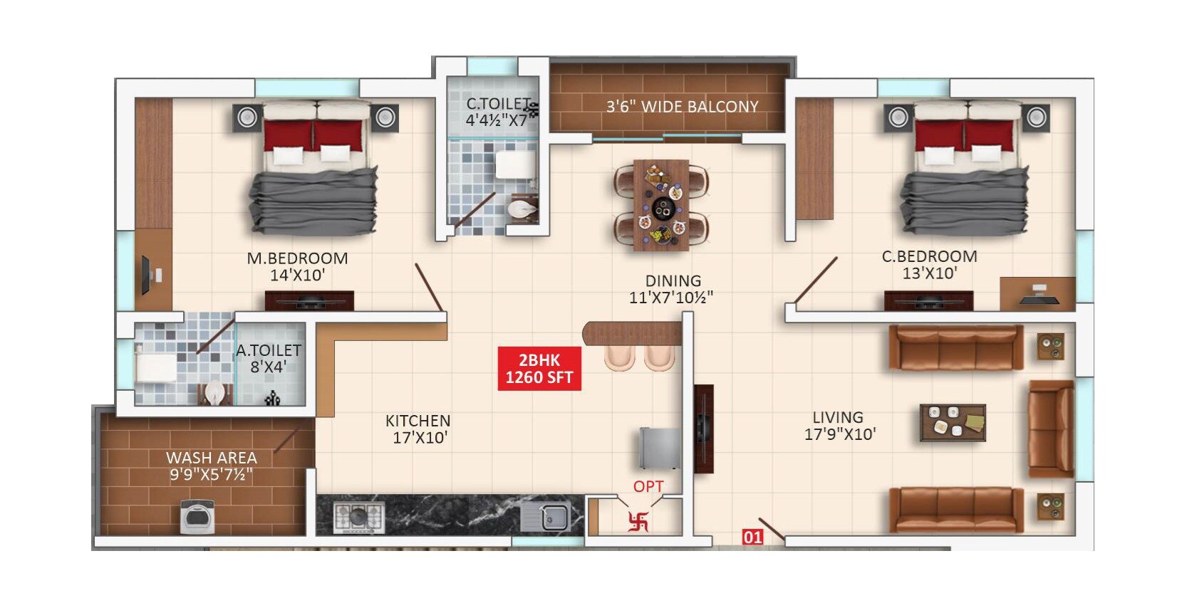 2 BHK 1260 Sq. Ft. Apartment