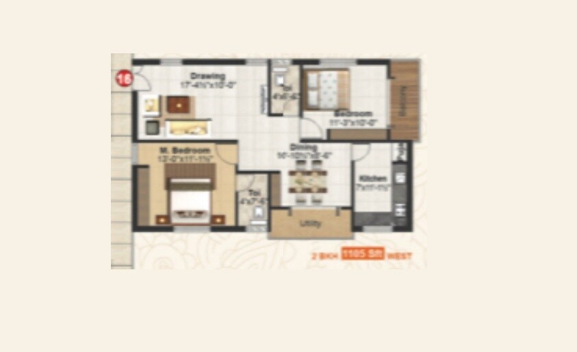 Floor plan of 2 BHK 1105 Sq. Ft. Apartment in PJMR Laxmi Urbania, Hyderabad