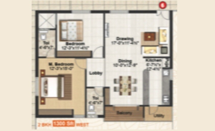 Floor plan of 2 BHK 1300 Sq. Ft. Apartment in PJMR Laxmi Urbania, Hyderabad