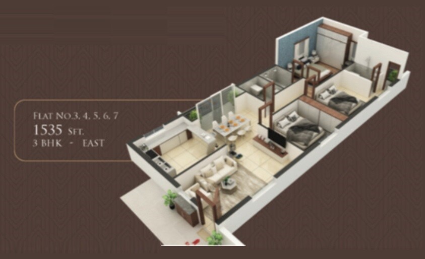 Floor plan of 3 BHK 1535 Sq. Ft. Apartment in PJMR Laxmi Urbania, Hyderabad