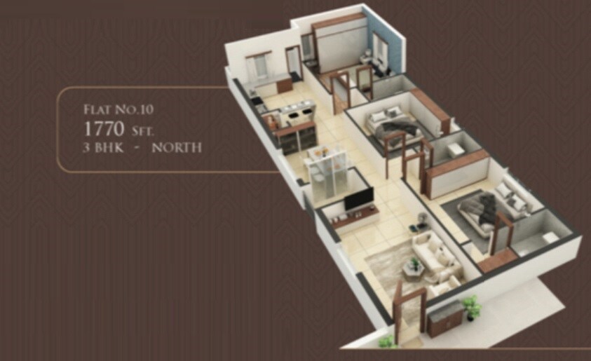 Floor plan of 3 BHK 1770 Sq. Ft. Apartment in PJMR Laxmi Urbania, Hyderabad