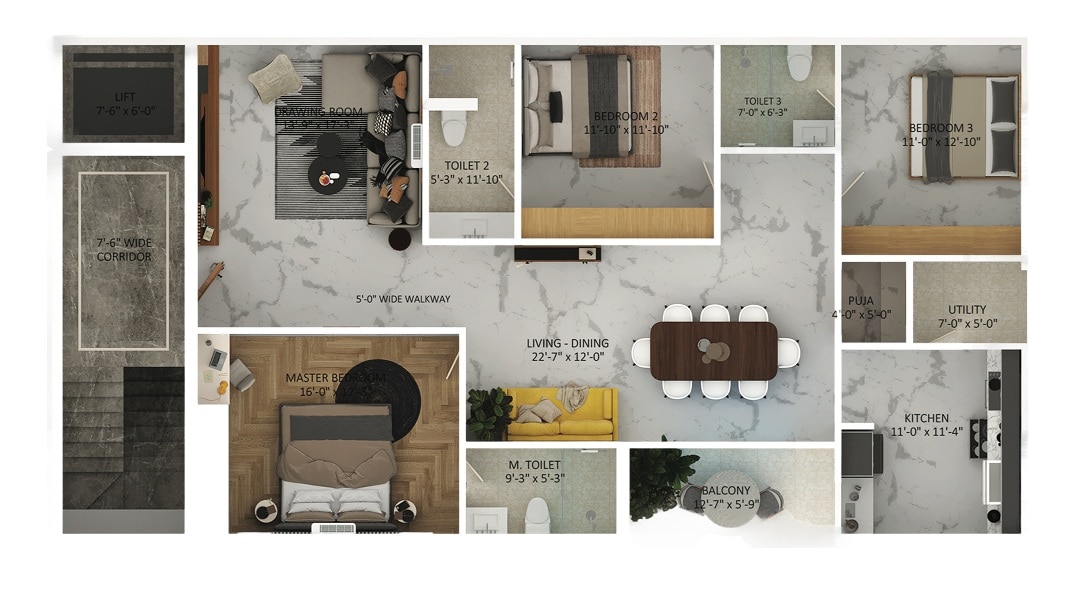 Floor plan of 3 BHK 2100 Sq. Ft. Apartment in Platina Cove, Hyderabad