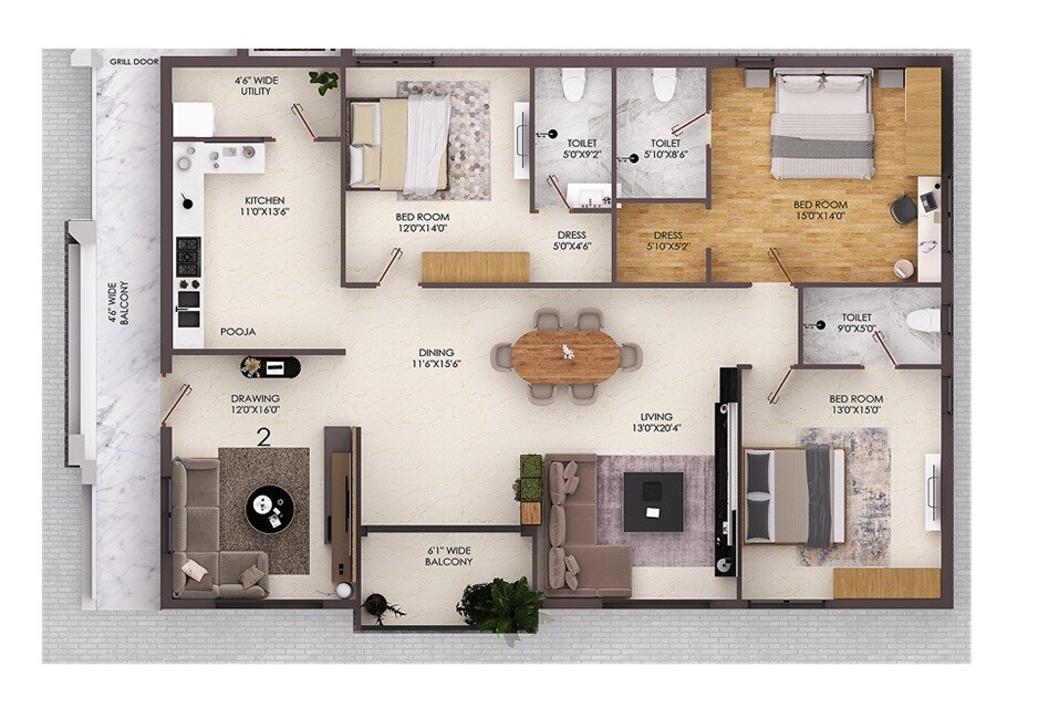 Floor plan of 3 BHK 1700 Sq. Ft. Apartment in Platina Iris, Hyderabad