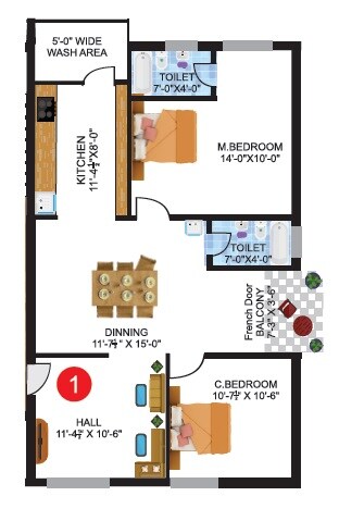 Floor plan of 2 BHK 1250 Sq. Ft. Apartment in Platinum Vista Manikonda, Hyderabad