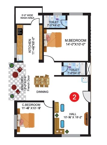 Floor plan of 2 BHK 1260 Sq. Ft. Apartment in Platinum Vista Manikonda, Hyderabad