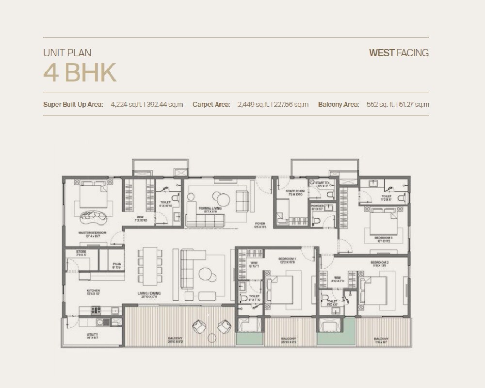 Floor plan of 4 BHK 4224 Sq. Ft. Apartment in PMR Agarta, Hyderabad