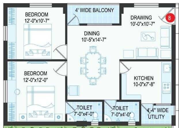 Floor plan of 2 BHK 1056 Sq. Ft. Apartment in Pooja Sapphire, Hyderabad